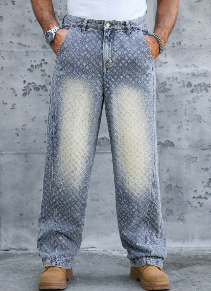 Loose Fit Men's Cotton Jeans With Slant Pockets Baggy Long Washed Skater Jean